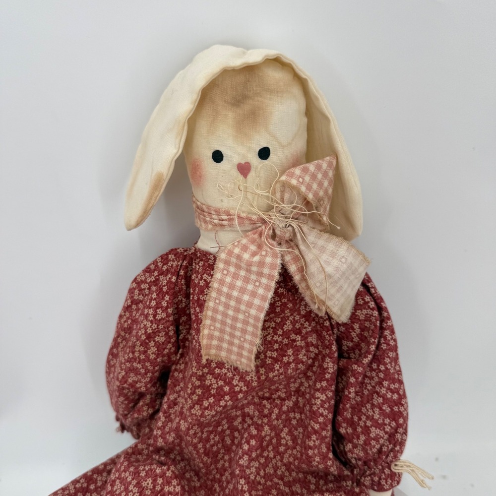 1.a.0.0.0.8.n Primitive Country Bunny Rabbit Cloth Doll 18" Dress Folk Art Decor